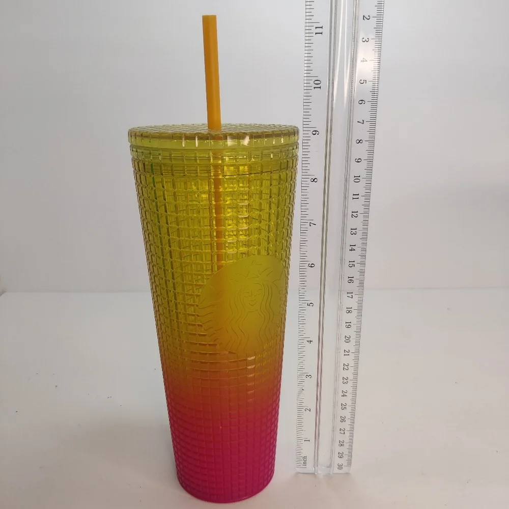 NEW Starbucks Tumbler Grid Texture Large Venti 24 oz Pink Yellow Straw 2022 - Picture 7 of 10